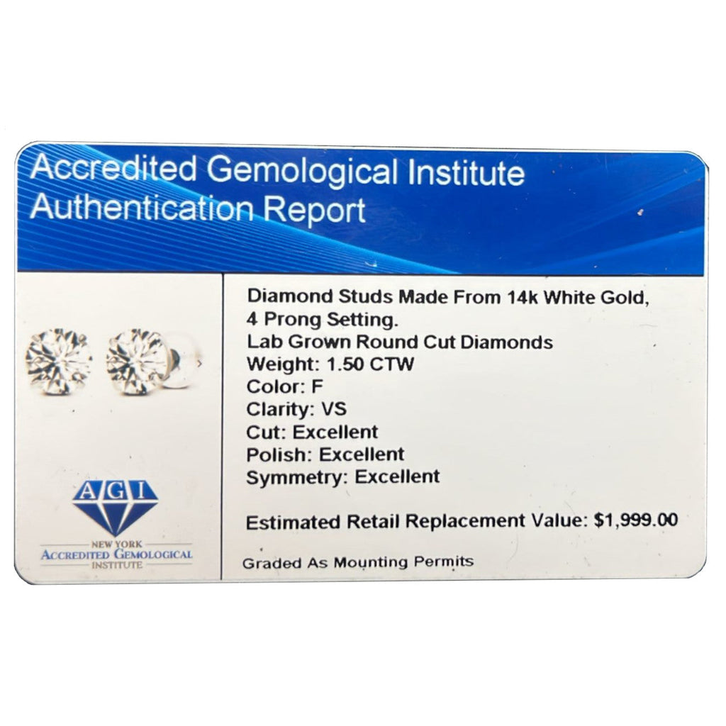 1.50 CTW Lab-Grown Diamond Stud Earrings in 14K White or Yellow Gold – F Color, VS Clarity | AGI Certified