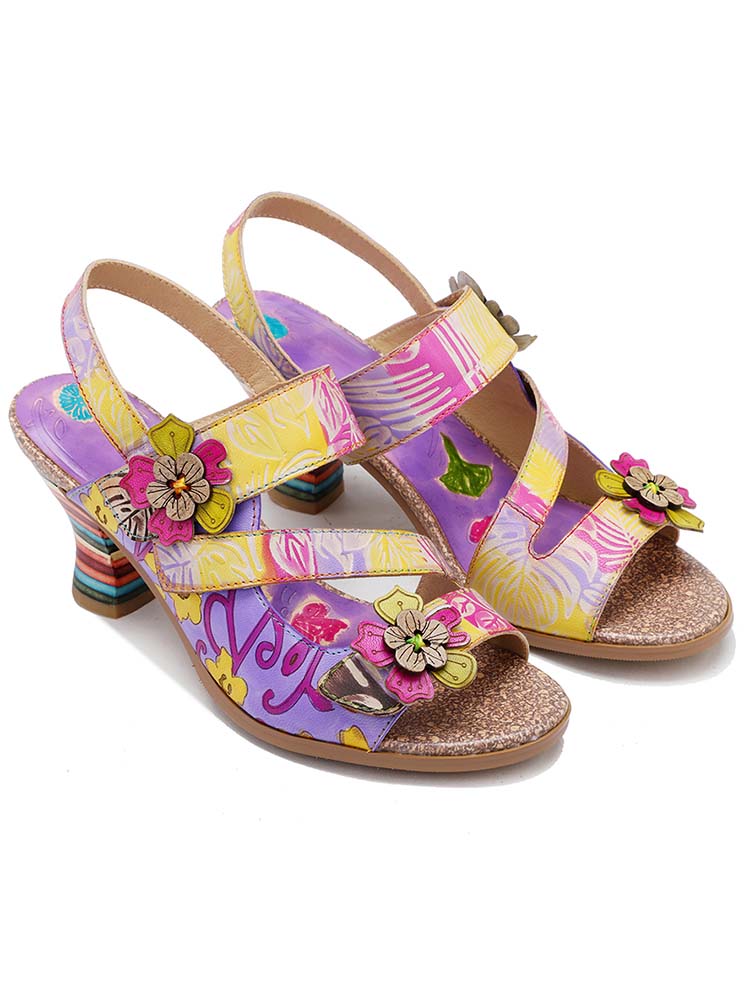 Handmade Leather Colored Stripe Heel Comfy Sandals